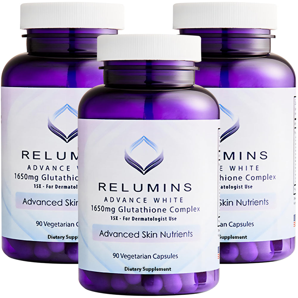 Relumins L-Glutathione Complex bottle displayed, supports antioxidant wellness for daily vitality.
