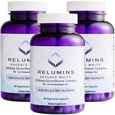 Relumins L-Glutathione Complex bottle displayed, supports antioxidant wellness for daily vitality.