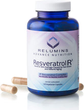 Relumins Resveratrol 600mg bottle label with vegan and halal certification