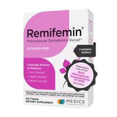 Remifemin bottle with capsules supports hormone-free menopause comfort.