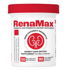 RENAMAX Kidney Restore bottle label highlighting probiotic blend for kidney support