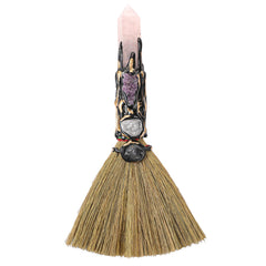 RENEMEGO Amethyst Clusters on broom enhance altar energy and focus.
