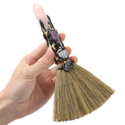 RENEMEGO Rose Quartz Witch Broom with Amethyst Clusters for sacred space cleansing.