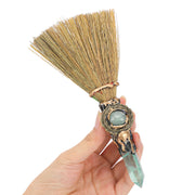 RENEMEGO Witch Broom with green crystal for altar decor and cleansing