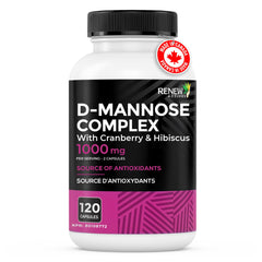 Renew Actives D-mannose cranberry capsules closeup highlighting easy daily intake.