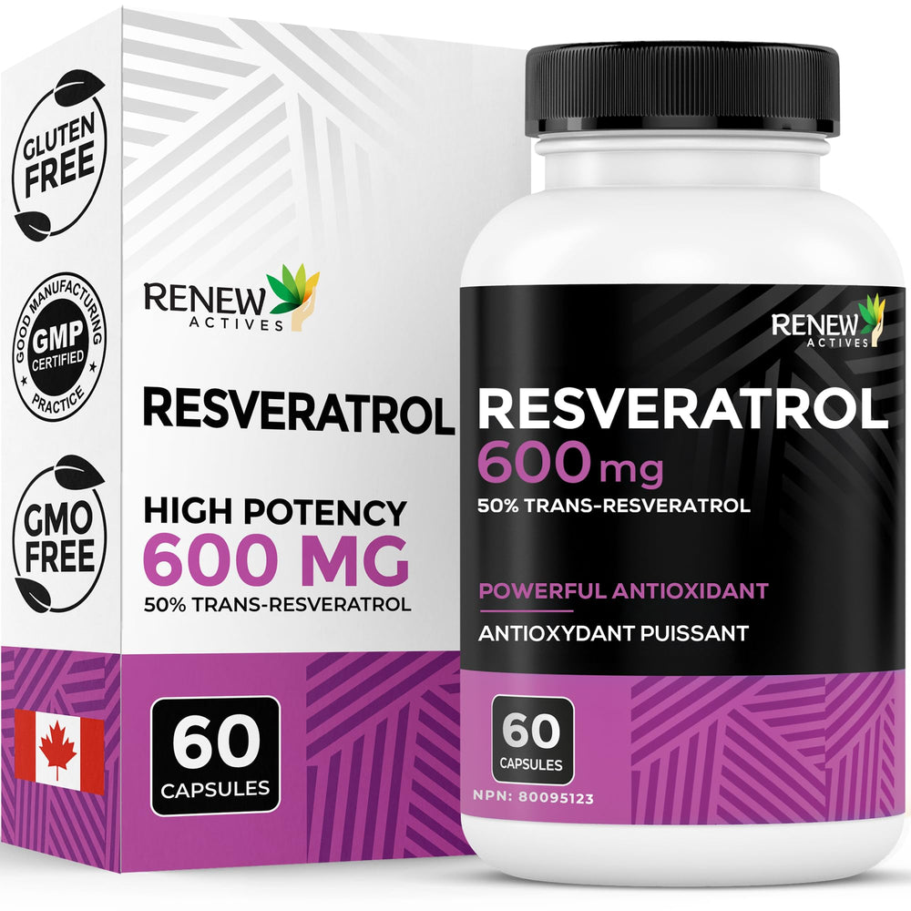 Renew Actives Resveratrol 600mg bottle—premium antioxidant complex.