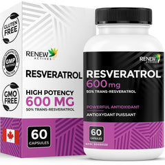 Renew Actives Resveratrol 600mg bottle—premium antioxidant complex.