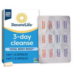 Renew Life 3-Day Cleanse bottle with box, showing convenient detox routine for busy mornings.