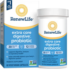Renew Life Extra Care Probiotic bottle shows 30B CFU for digestive support.