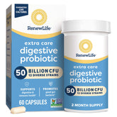 Renew Life Extra Care Probiotic bottle showing 50 billion CFU for daily digestive support