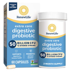 Renew Life Extra Care Probiotic bottle showing 50 billion CFU for daily digestive support