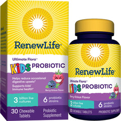 Renew Life Kids Probiotic berry-flavored chewable tablet for easy daily use and gut support