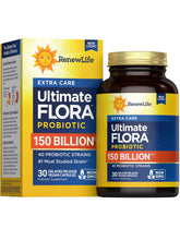 Renew Life Ultimate Flora bottle front shows 150B cultures for daily gut support.