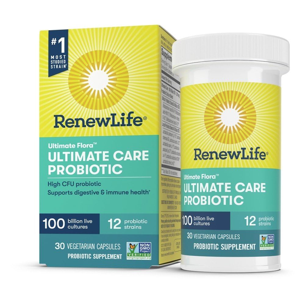 Renew Life Ultimate Flora Care Probiotic 100 Billion bottle for daily digestive balance.