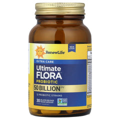 Renew Life Ultimate Flora Extra Care probiotic 30-count pack closeup showcases portable daily support.