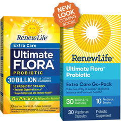 Renew Life Ultimate Flora Go Pack blister pack on the go for convenient daily probiotic.