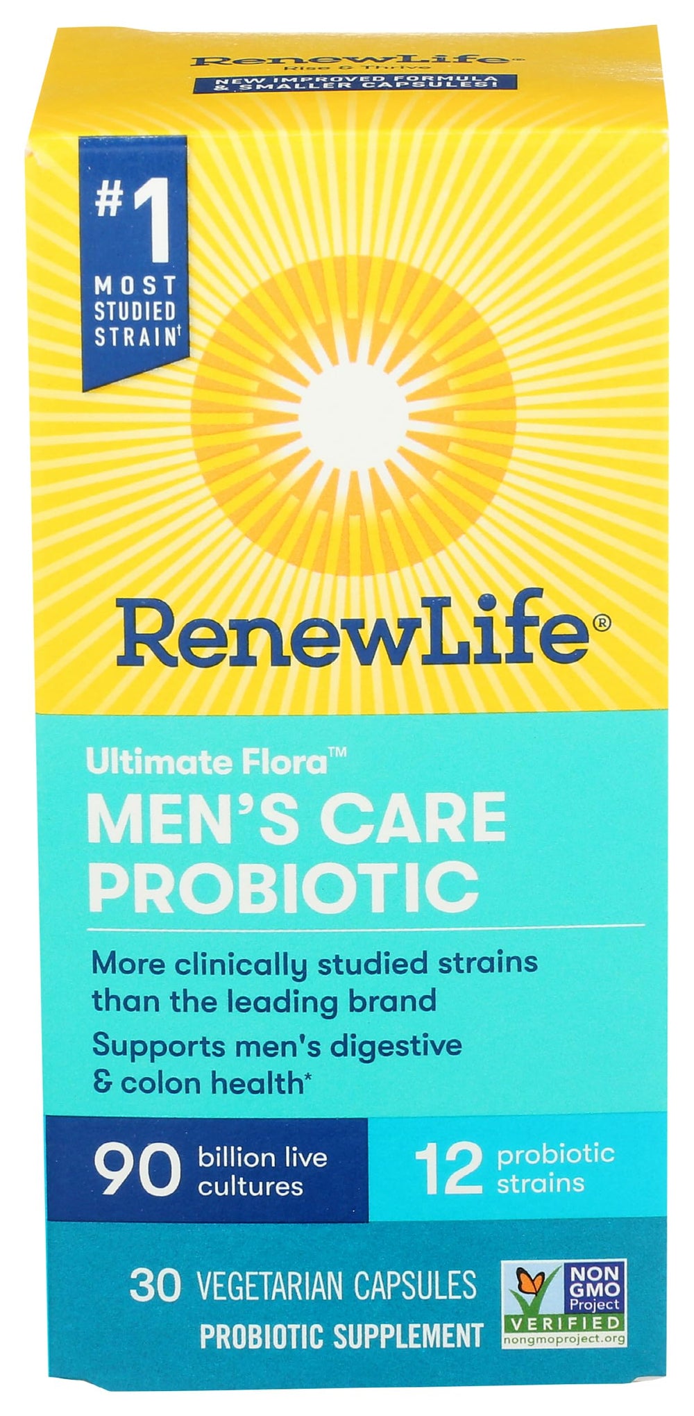 Renew Life Ultimate Flora Men’s Care probiotic bottle supports daily wellness.