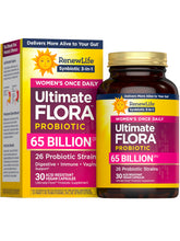 Renew Life Ultimate Flora Women bottle with 65B CFU capsules for daily vaginal and digestive support.
