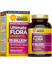 Renew Life Ultimate Flora Women 70B capsules close-up for daily gut and vaginal wellness.