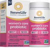 Renew Life Women's Probiotic bottle with 50B CFU potency for feminine balance.