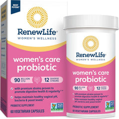 Renew Life Women's Probiotic bottle front view promoting daily vaginal and digestive support