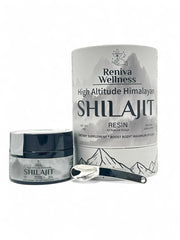 Reniva Wellness Himalayan Shilajit Resin jar on premium grey packaging for purity and energy.