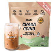 Renude Chagaccino packaging highlighting sustainable sourcing and easy mix for busy mornings.