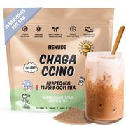 Renude Chagaccino powder tub shown, convenient zero-calorie energy boost option.