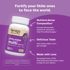 Renzo's Picky Eater bottle shows iron and zinc benefits for growing kids.