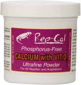 Rep-Cal ultrafine calcium powder bottle ready for easy dusting on reptile meals