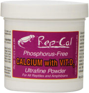 Rep-Cal ultrafine calcium powder bottle ready for easy dusting on reptile meals
