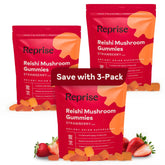 Reprise Reishi gummies bottle shows strawberry flavor for daily use.