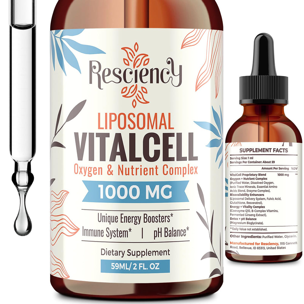 Resciency 13-in-1 liquid oxygen drops bottle showing liposomal delivery for smoother uptake.