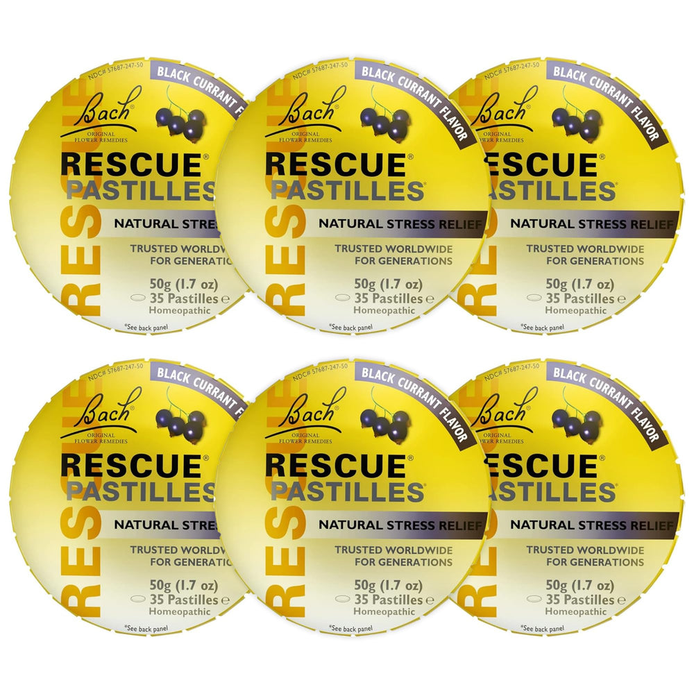 RESCUE Bach pastilles blackcurrant tin front, portable calm for busy days