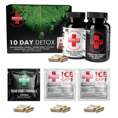 Rescue Detox bottle close-up highlights natural ingredients for a gentle cleanse