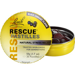 RESCUE Pastilles label closeup highlights the Bach Flower Remedy formula.