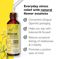 RESCUE Remedy bottle closeup with label highlighting non-alcohol formula benefits