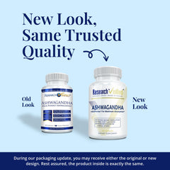 Research Verified Ashwagandha supplement label with clear potency details.