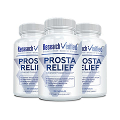 Research Verified Prosta Relief bottle front showing natural blend for prostate support