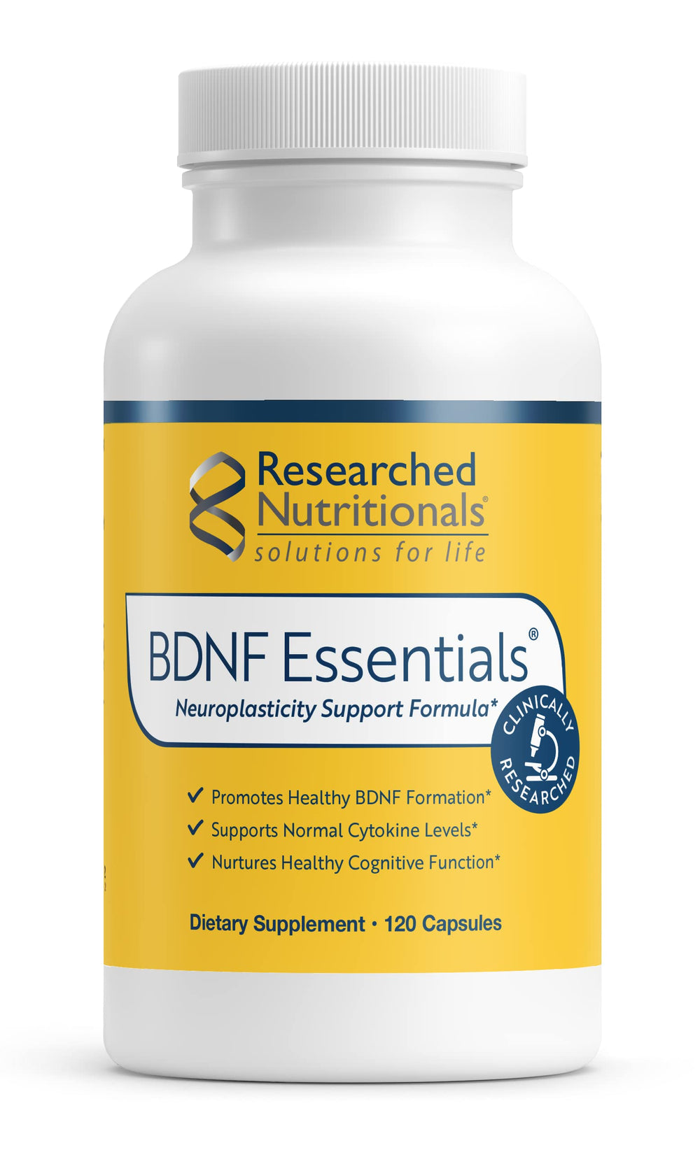 Researched Nutritionals BDNF Essentials bottle supports memory and focus.