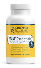 Researched Nutritionals BDNF Essentials bottle supports memory and focus.