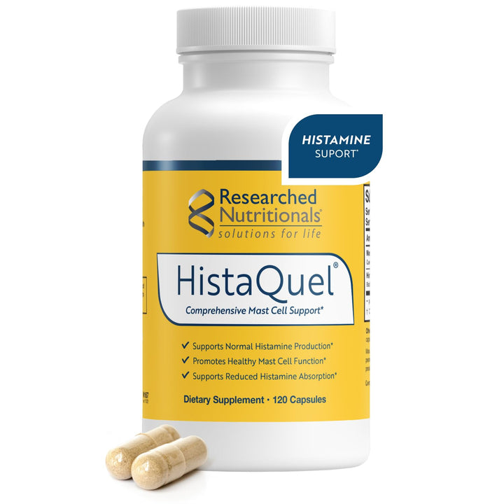 Researched Nutritionals HistaQuel bottle front for balanced histamine support.