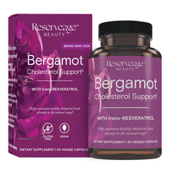 Reserveage Beauty Bergamot Cholesterol Support bottle promotes daily cardiovascular balance.