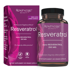 Reserveage Beauty Resveratrol 250 mg bottle demonstrating antioxidant support for healthy aging