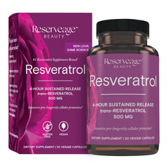 Reserveage Beauty resveratrol bottle 500 mg for antioxidant support and aging wellness