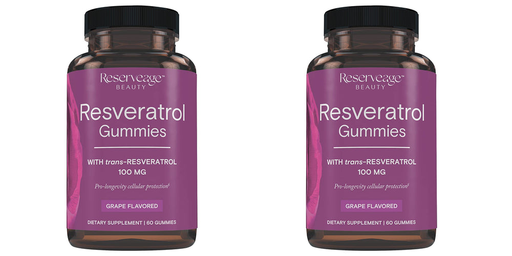 Reserveage Beauty Resveratrol Gummies bottle closed highlighting antioxidant support for healthy aging