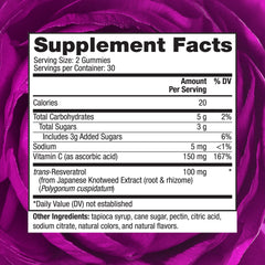 Reserveage Beauty Resveratrol Gummies closeup shows vegan pectin base and sugar-free formula
