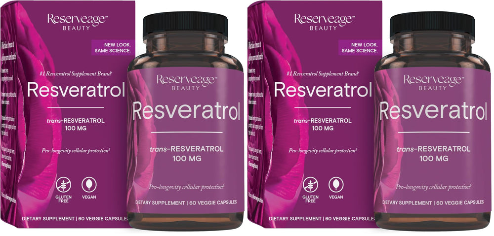 Reserveage Nutrition Beauty Resveratrol bottle front offering antioxidant support.