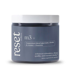 Reset Wellness M3+ bottle shows three magnesium forms for enhanced absorption.