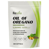 RESILLA oregano oil with black seed oil bottle showing 2-in-1 formula for immune support.
